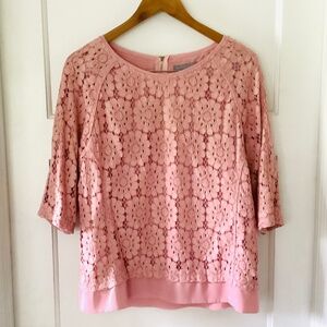 Octavia Women’s L Blush Pink Lace Overlay Elbow Sleeve Shift Top Blouse Elegant